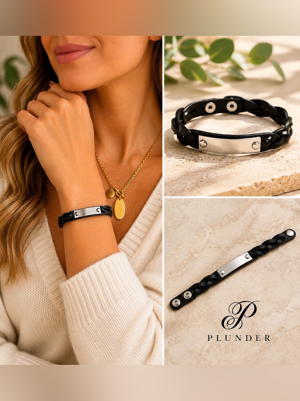 Women’s Black Braided Leather Bracelet Silver Plate Adjustable Snap Cuff Boho
